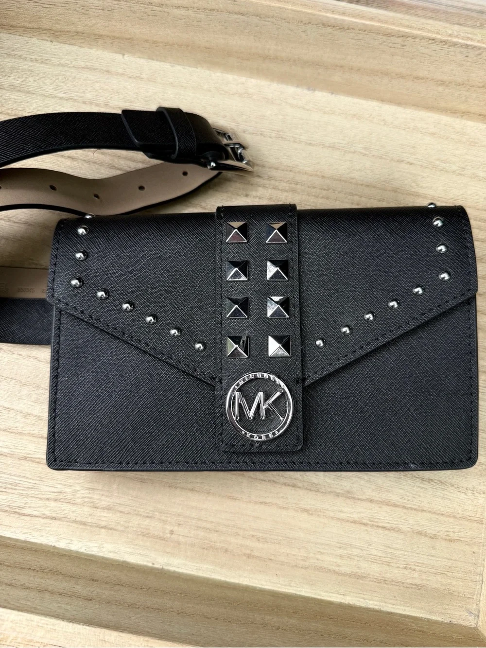 Michael Kors Black Leather Studded Belt Bag Fanny Pack Silver Hardware S/M Edgy